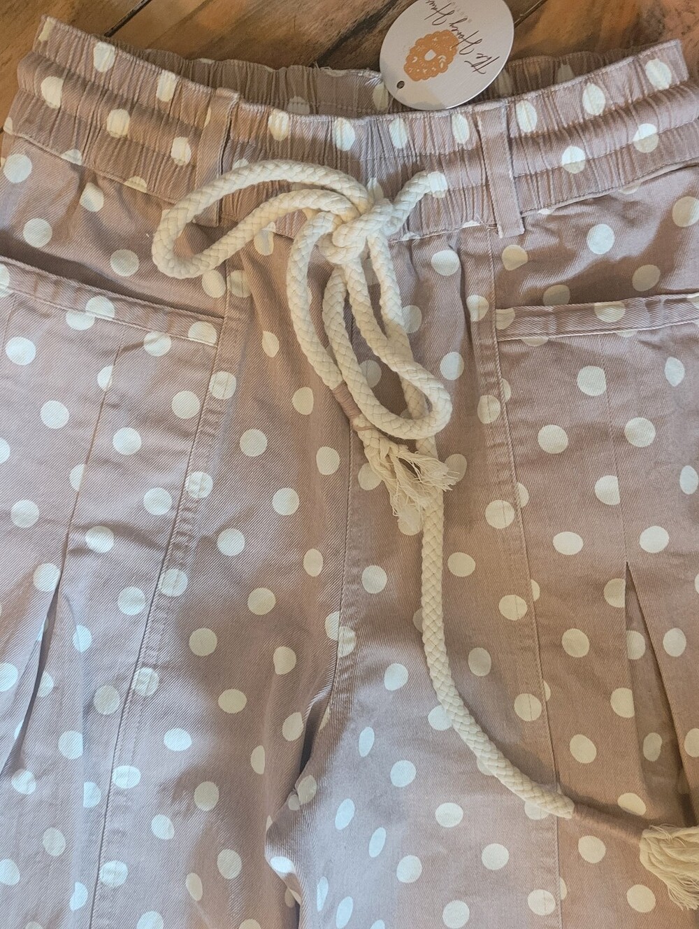 &MERCI Polka Dot Drawstring Waist BARREL Pants, Khaki/White, NWT, S🟤⚪️🟤 - Picture 5 of 8